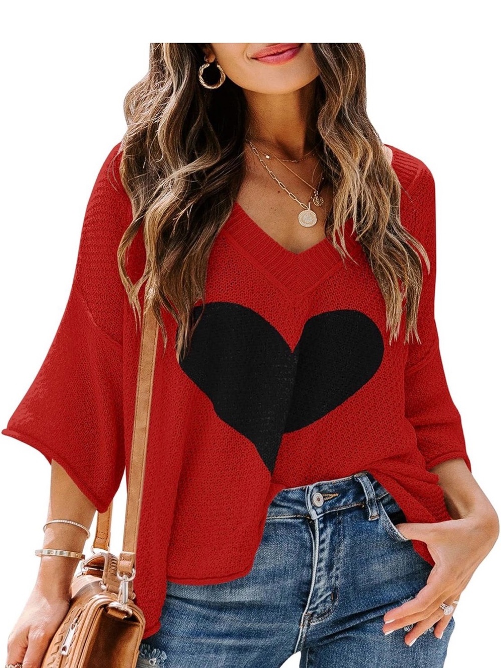 Ermonn Red Black Heart V-Neck Off Shoulder 3/4 Sleeve Tops Sweater Size Medium
